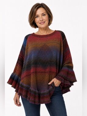 Baciano Multicolor Knit Poncho Sweater Ruffle Hem Size S